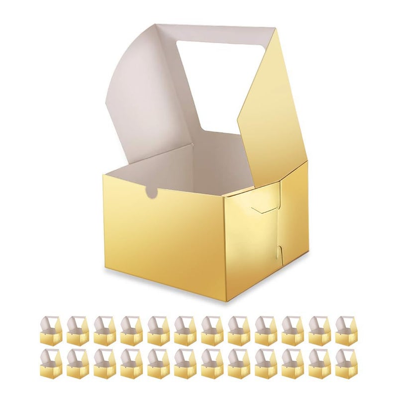BAKIPACK 25 Gold Bakery Boxes with Window, 6x6x4 Inches Cake Boxes with Window, Treat Boxes for Small Bakery, Dessert, Candy, Cookies, Pastry, Party Favors, Wedding Cake - Image 1
